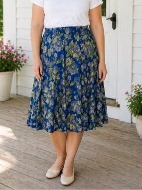 April Cornell Woman Blue floral Pull On Skirt Knee Length size W1 1X Cottagecore
